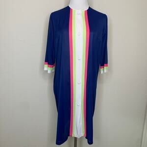 Vintage Button Front Nylon Robe Blue Pink Lime Green White Stripes Sz Small